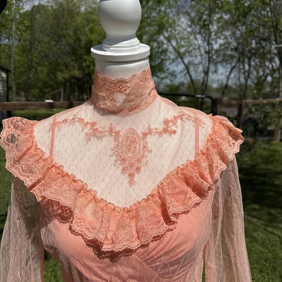 Vtg 70s Peach Lace Maxi Dress Sheer Sleeve Prairie Romantic Union Made Victorian - Picture 10 of 15